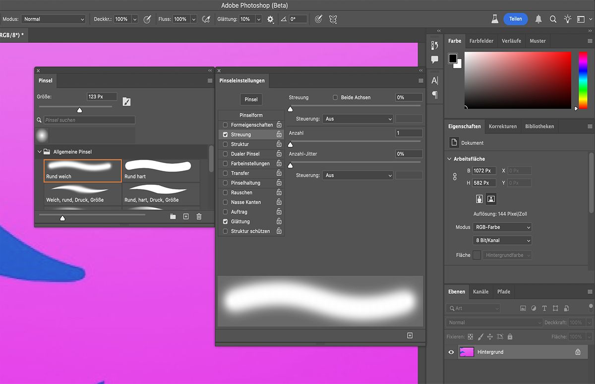 Wähle aus den Optionen für die Pinselspitzenform im Pinseleinstellungsbedienfeld