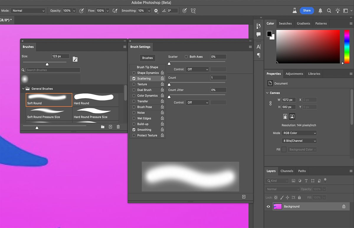 اختر من بين خيارات شكل طرف الفرشاة المتاحة في لوحة &quot;إعدادات الفرشاة&quot;