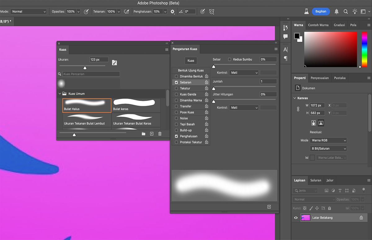 Pilih dari opsi bentuk ujung kuas tertentu dari panel Pengaturan Kuas