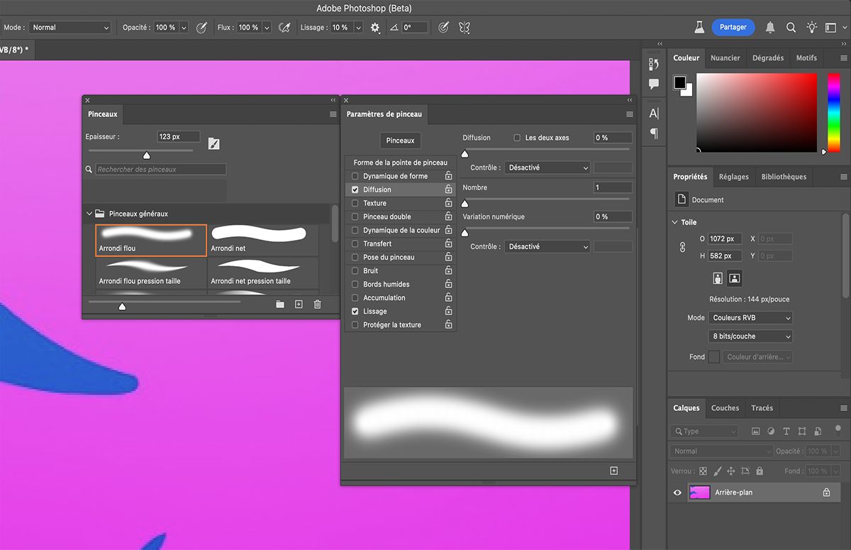 Choisissez parmi les options de pinceau de pointe définies dans le panneau Paramètres de pinceau.