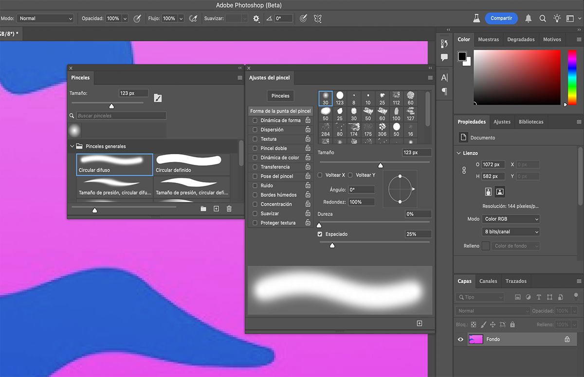 Seleccione la opción favorita en Forma de punta del pincel en el panel Ajustes de pincel