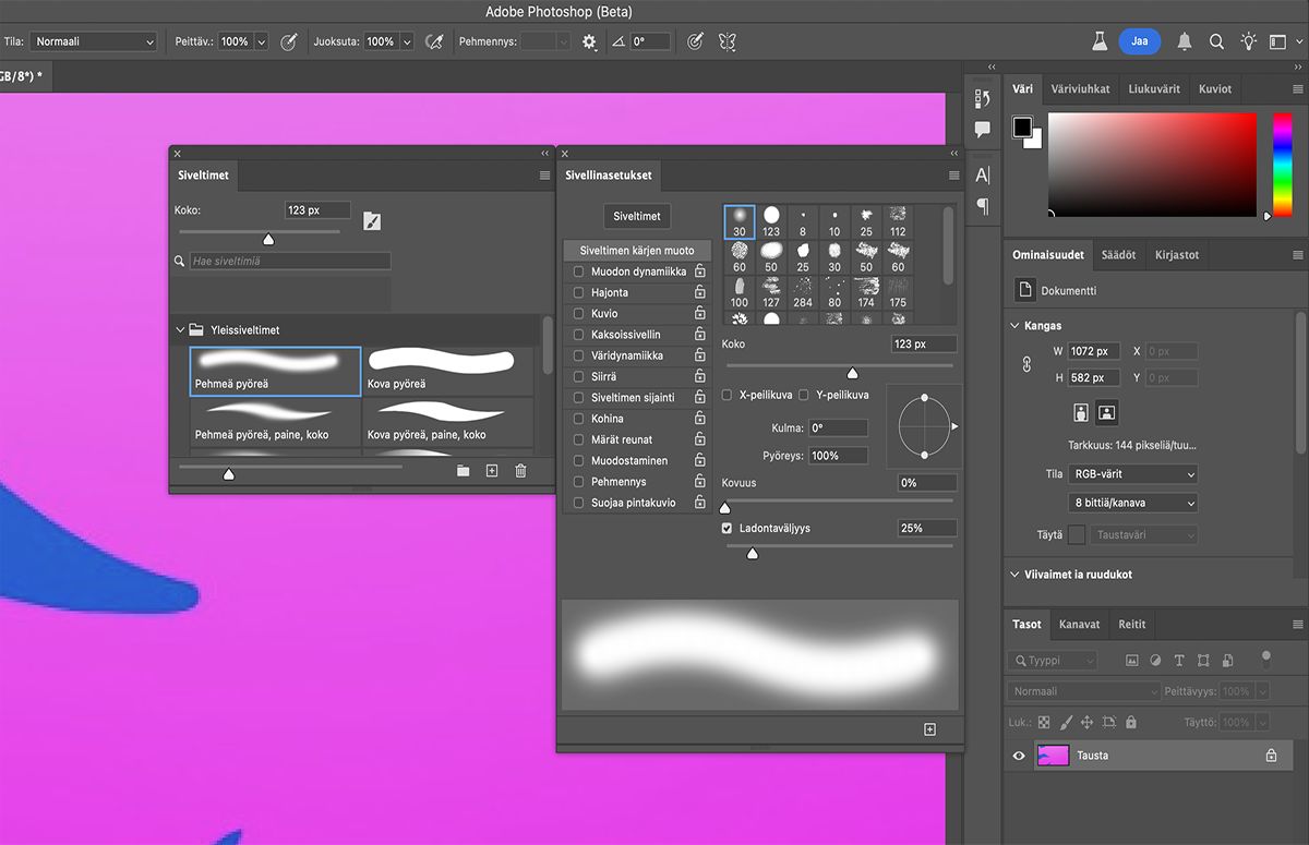 Siveltimen kärjen muodon valitseminen Sivellinasetukset-paneelissa