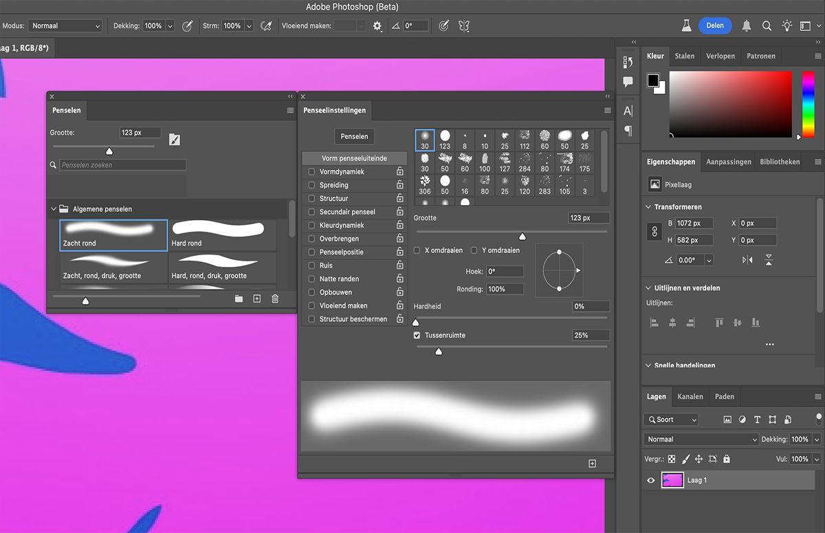 Selecteer uw voorkeursoptie in Vorm Penseeluiteinde in het deelvenster Penseelinstellingen