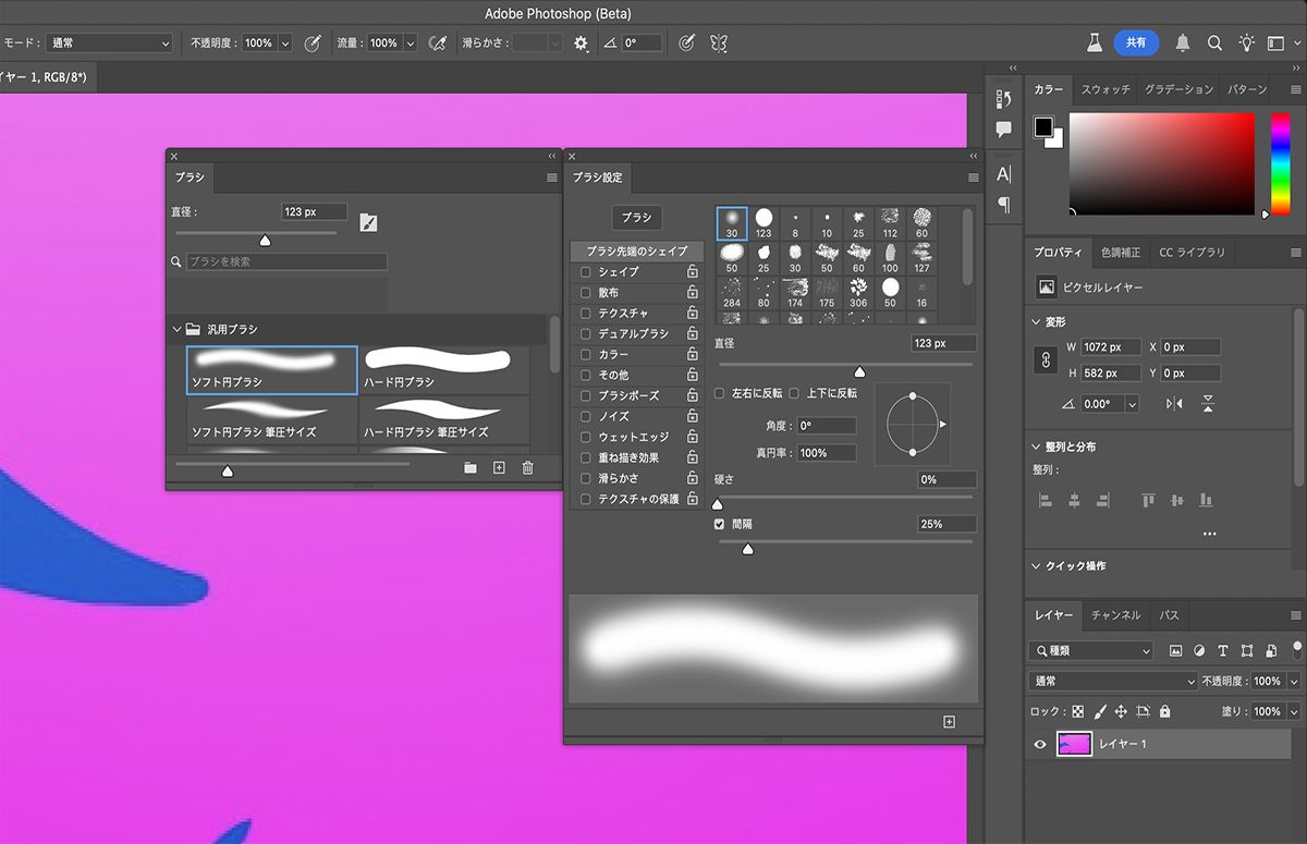 ブラシ設定パネルのブラシ先端のシェイプから、目的のオプションを選択します。