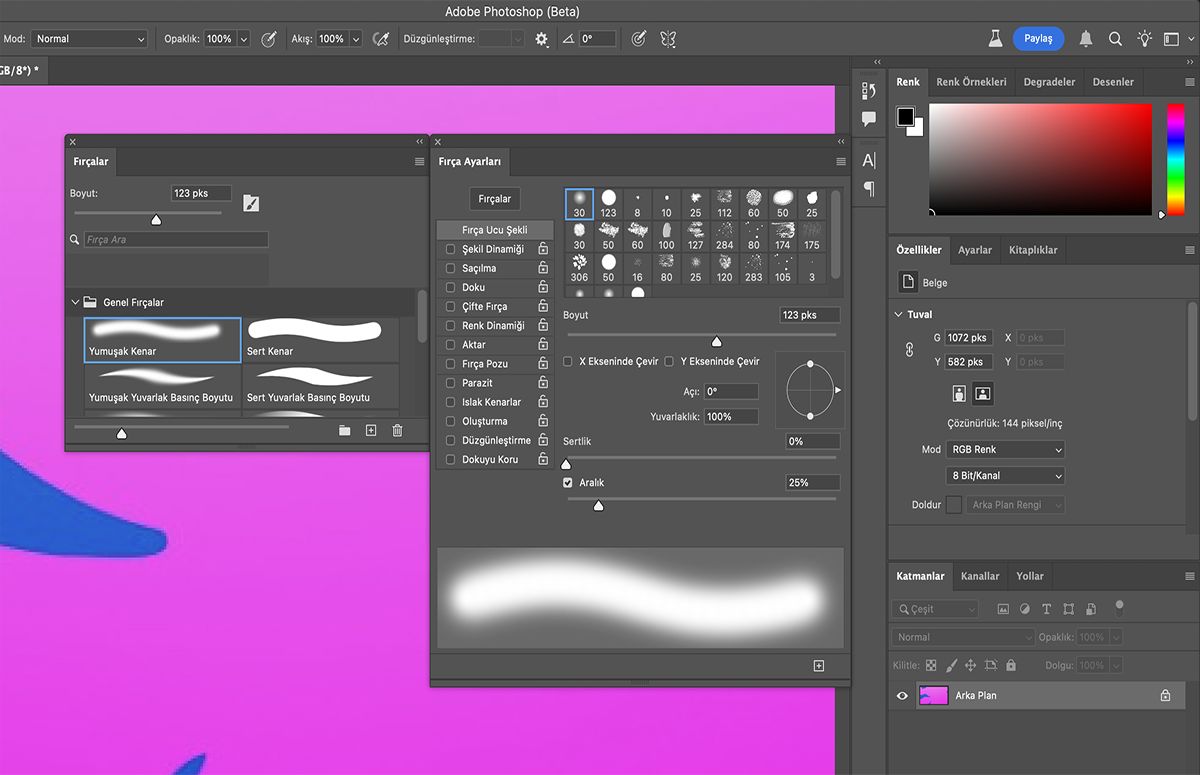 Fırça Ayarları panelinde Fırça Ucu Şekli'nden tercih ettiğiniz seçeneği belirleme