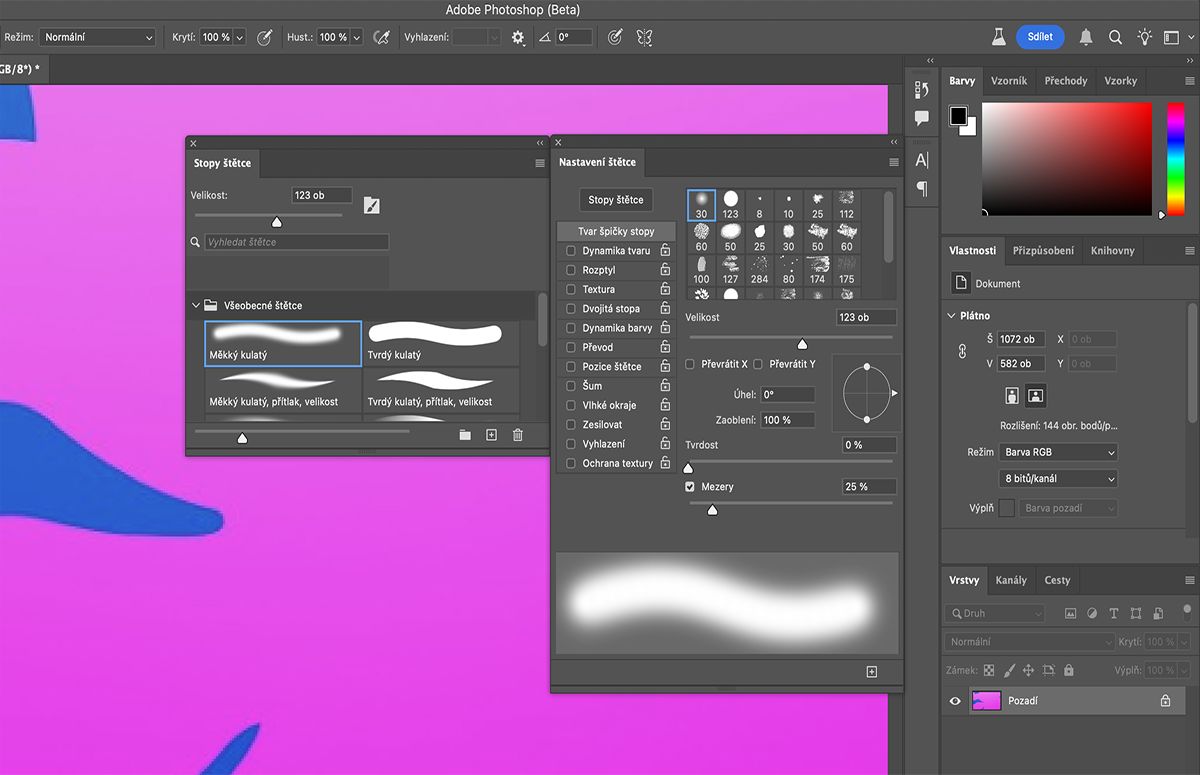 Vyberte preferovanou možnost v nabídce Tvar špičky štětce na panelu Nastavení štětce.
