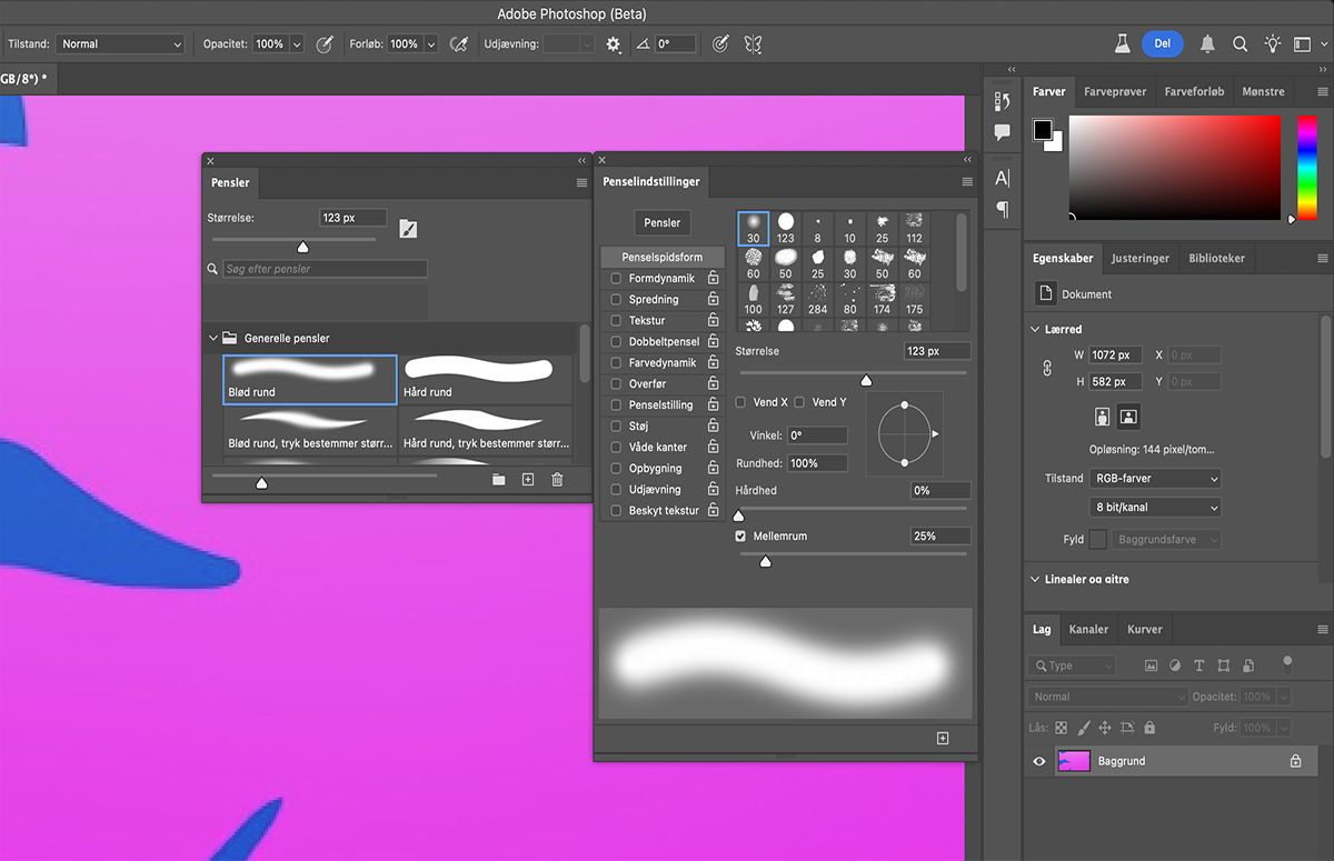Vælg din foretrukne indstilling fra Penselspidsform i panelet Penselindstillinger