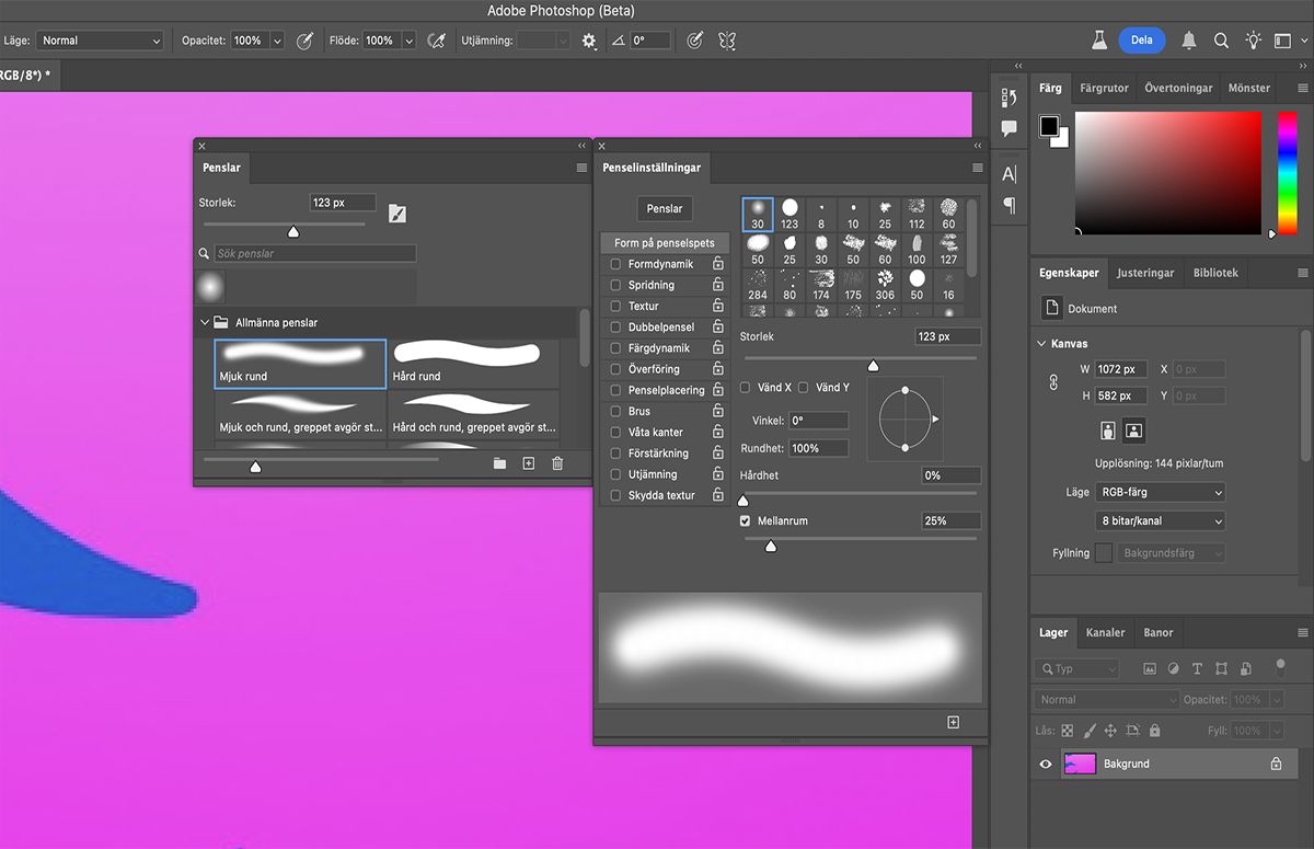 Välj önskad penselspetsform i panelen Penselinställningar