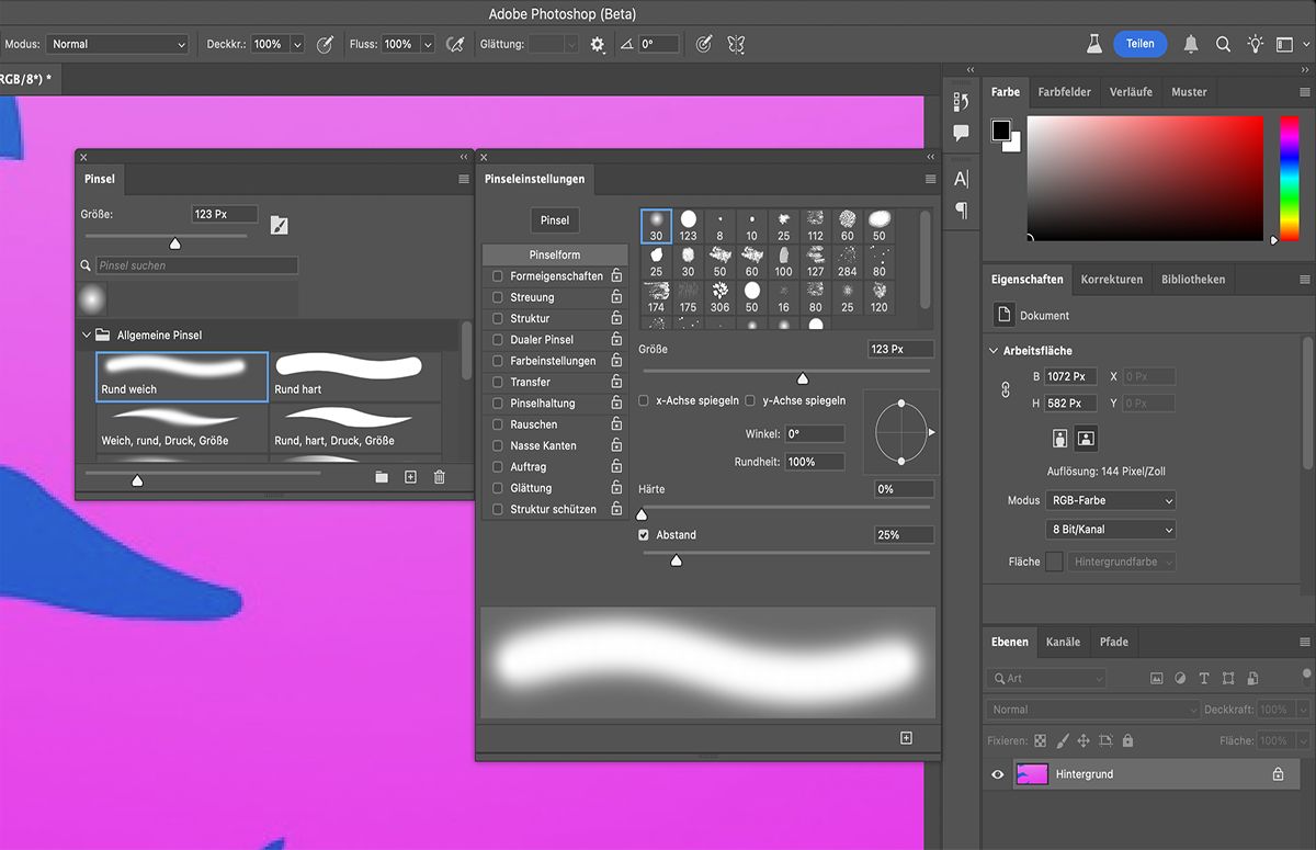 Wähle im Pinseleinstellungenbedienfeld die gewünschte Pinselform aus