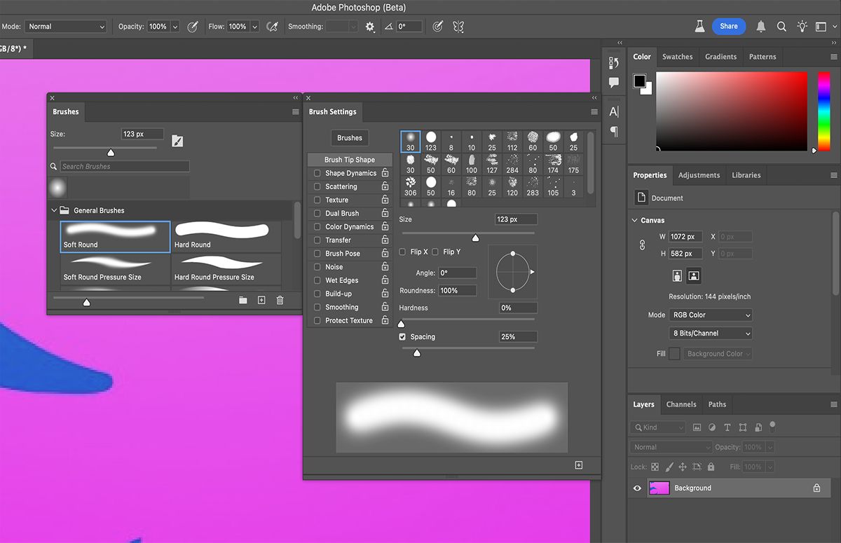 حدد الخيار المفضل لديك من &quot;شكل طرف الفرشاة&quot; في لوحة &quot;إعدادات الفرشاة&quot;