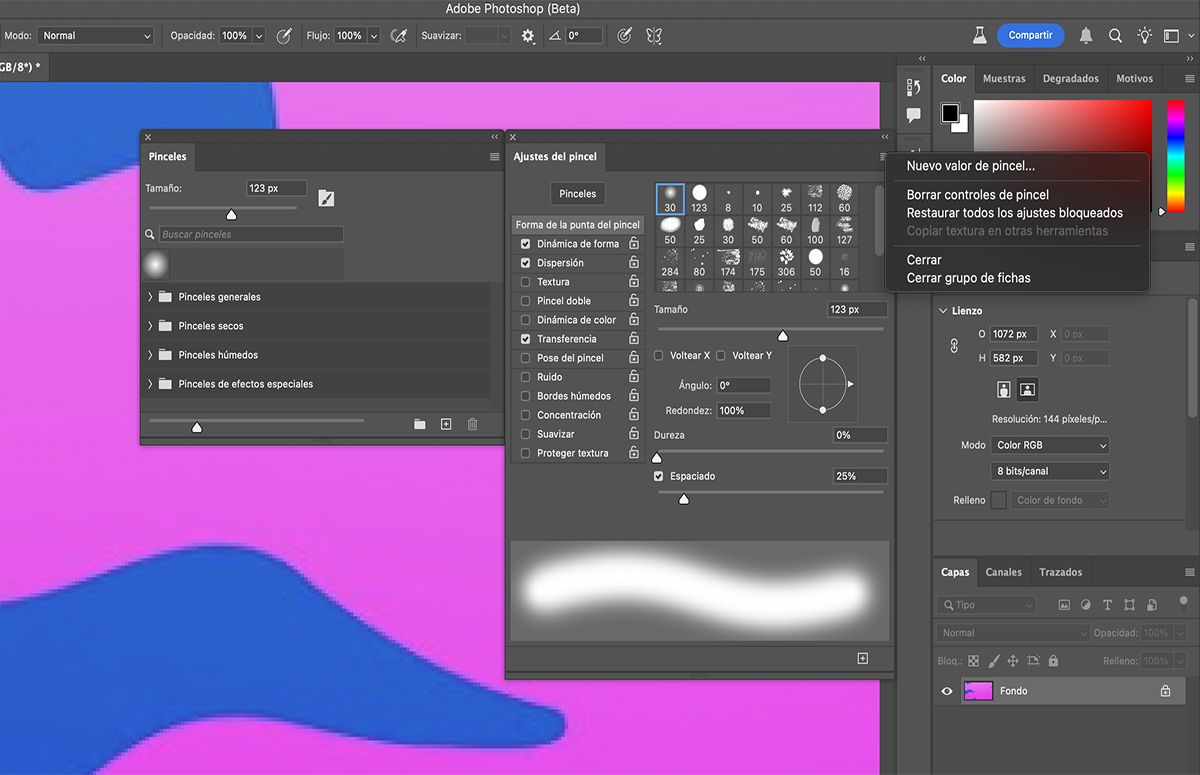 En el menú Ajustes de pincel, seleccione Borrar controles de pincel para borrar las opciones de pincel