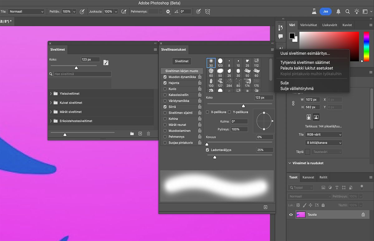 Sivellinasetusten tyhjentäminen valitsemalla Sivellinasetukset-valikosta Tyhjennä siveltimen säätimet