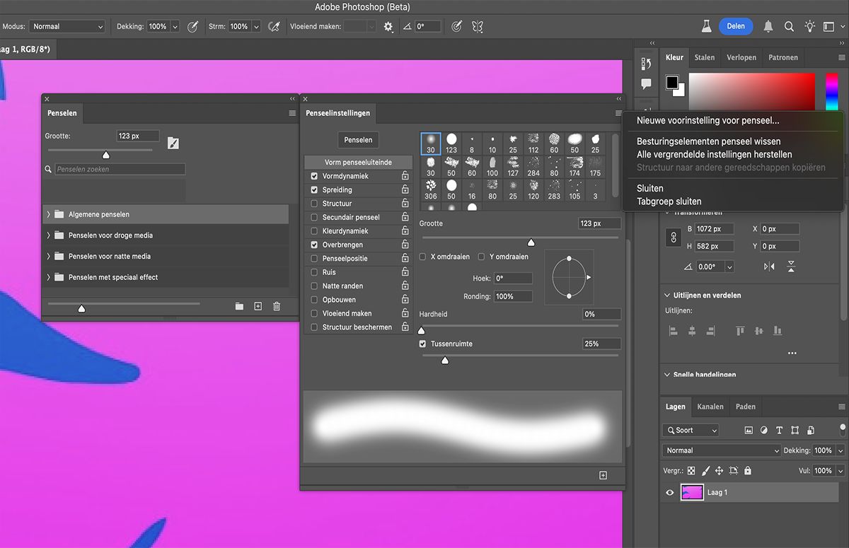 Selecteer Besturingselementen penseel wissen in het menu Penseelinstellingen om de penseelopties te wissen