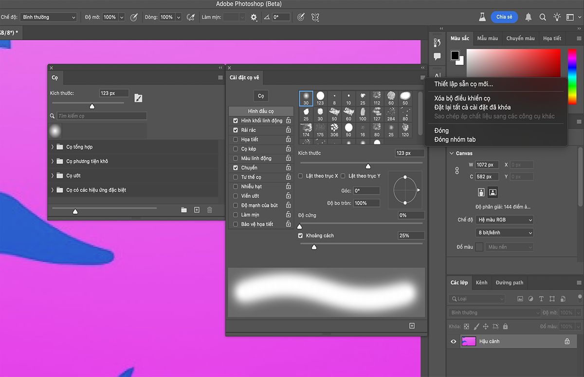 Trong menu Cài đặt cọ, chọn Xóa điều khiển cọ để xóa các tùy chọn cọ