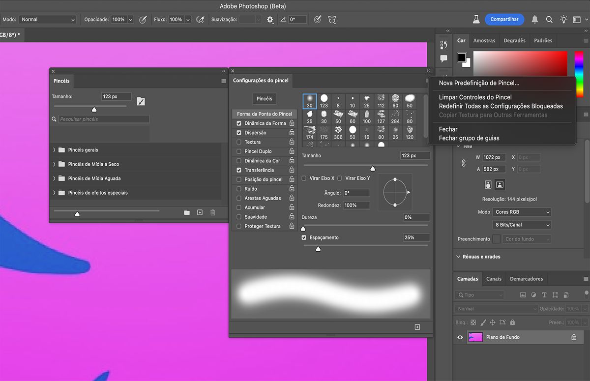 No menu Configurações de pincel, selecione Limpar controles do pincel para remover as opções do pincel