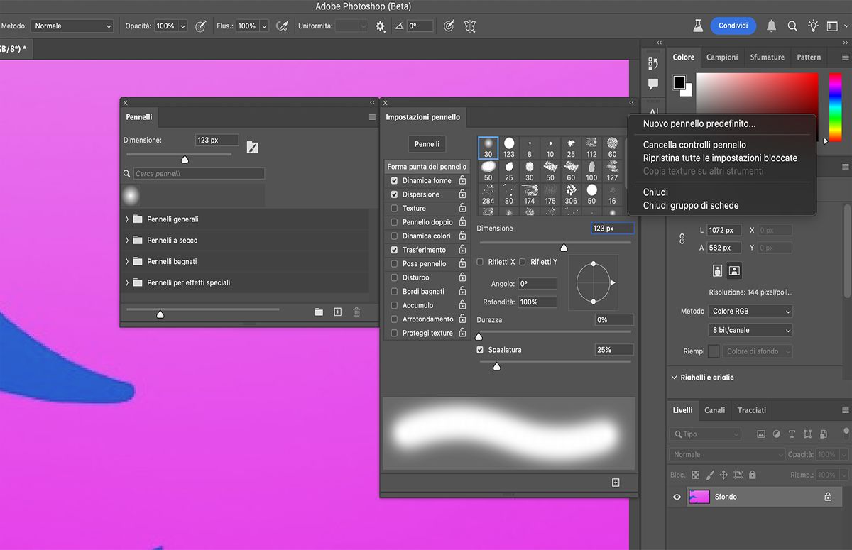 Nel menu Impostazioni pennello, selezionate Cancella controlli pennello per eliminare le opzioni del pennello.
