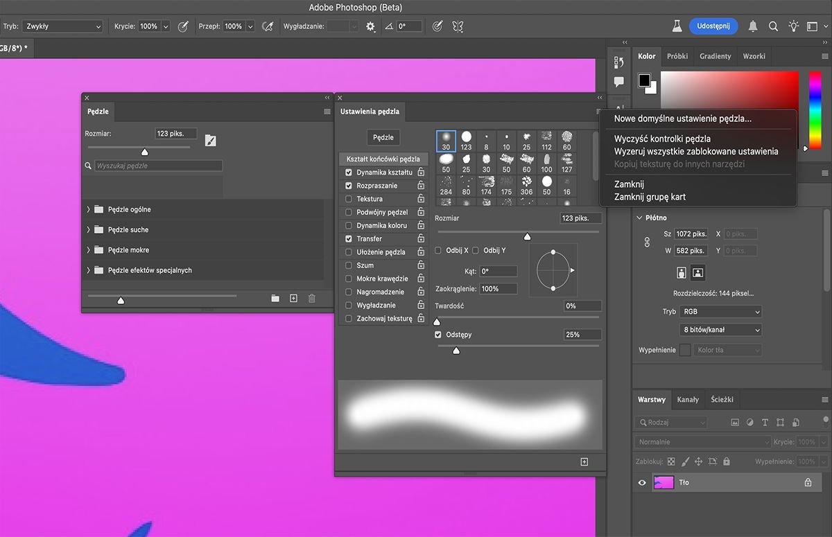 Wybranie opcji Wyczyść opcje pędzla z menu Ustawienia pędzla w celu wyczyszczenia opcji pędzla