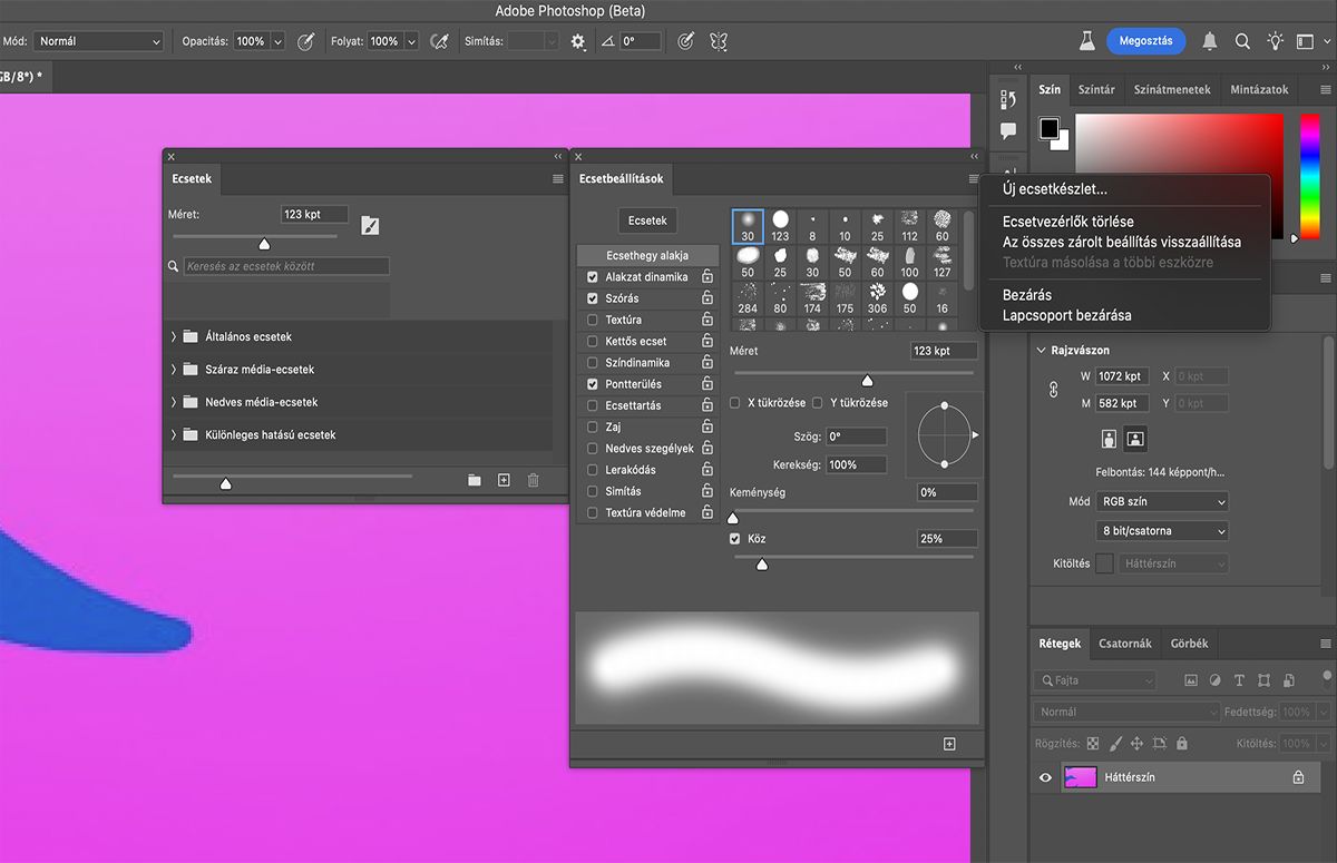 Az Ecsetbeállítások menüben válassza az Ecsetvezérlők törlése lehetőséget az ecsetbeállítások törléséhez