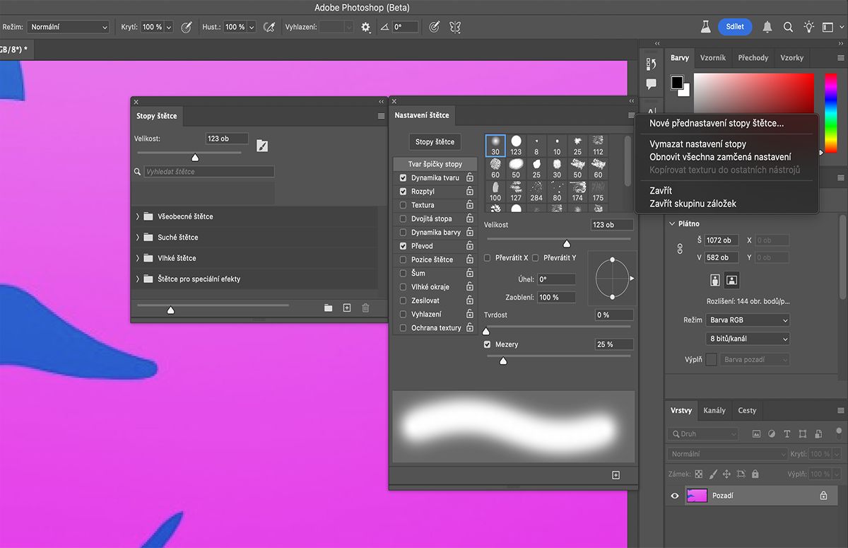 Chcete-li vymazat volby stopy, vyberte v nabídce panelu Nastavení štětce možnost Vymazat nastavení stopy.