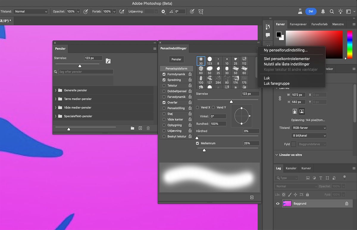 I menuen Penselindstillinger skal du vælge Slet penselkontrolelementer for at slette penselindstillinger