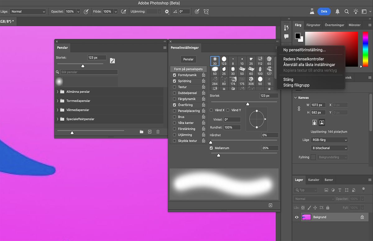 Välj Radera penselkontroller på menyn Penselinställningar för att radera penselalternativ