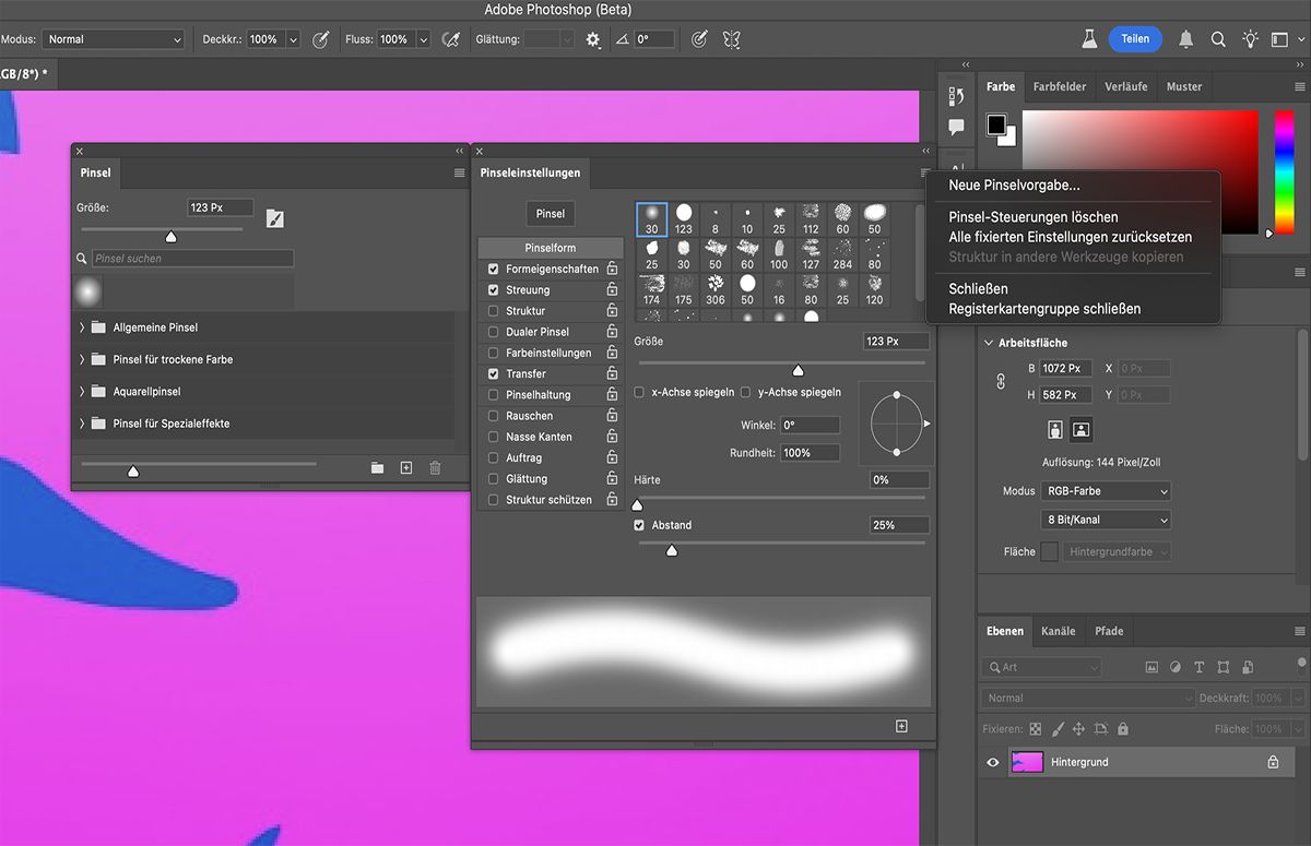 Im Menü „Pinseleinstellungen“ die Option „Pinsel-Steuerungen löschen“ wählen, um Pinseloptionen zu löschen