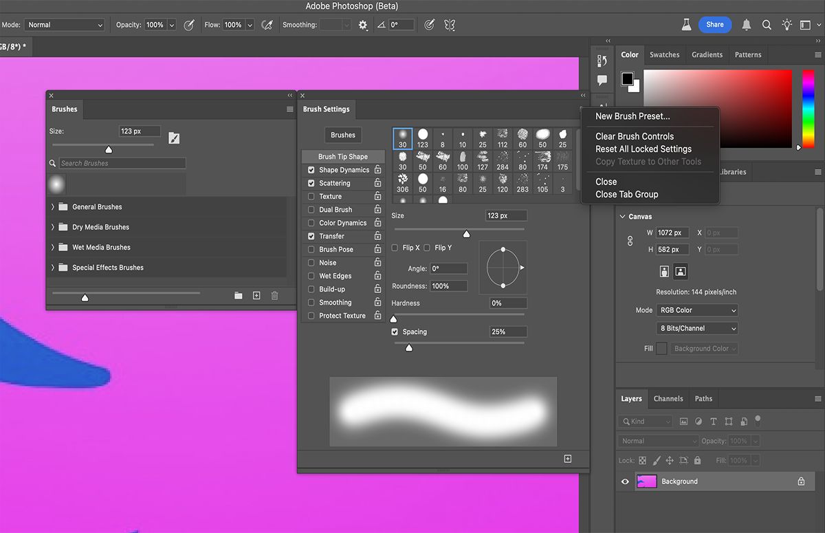 בתפריט Brush Settings, בחרו Clear Brush Controls כדי למחוק את אפשרויות המברשת