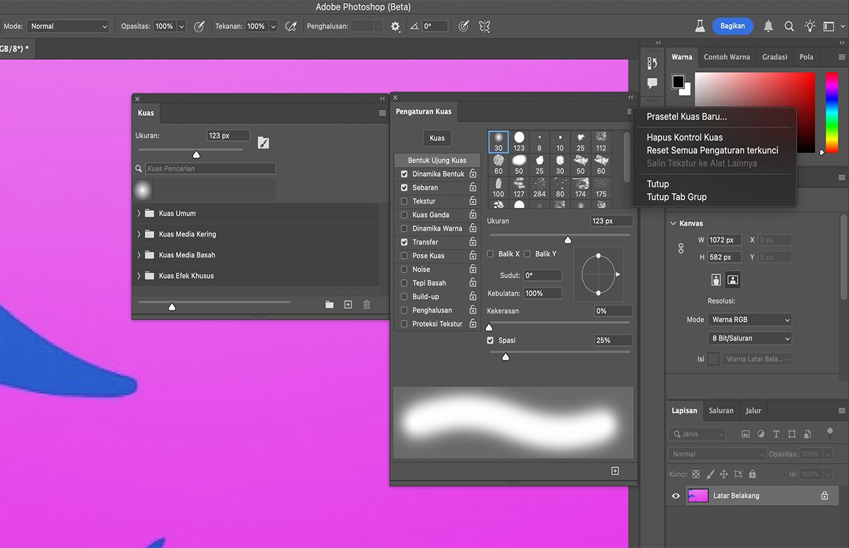 Di menu Pengaturan Kuas, pilih Hapus Kontrol Kuas untuk menghapus opsi kuas