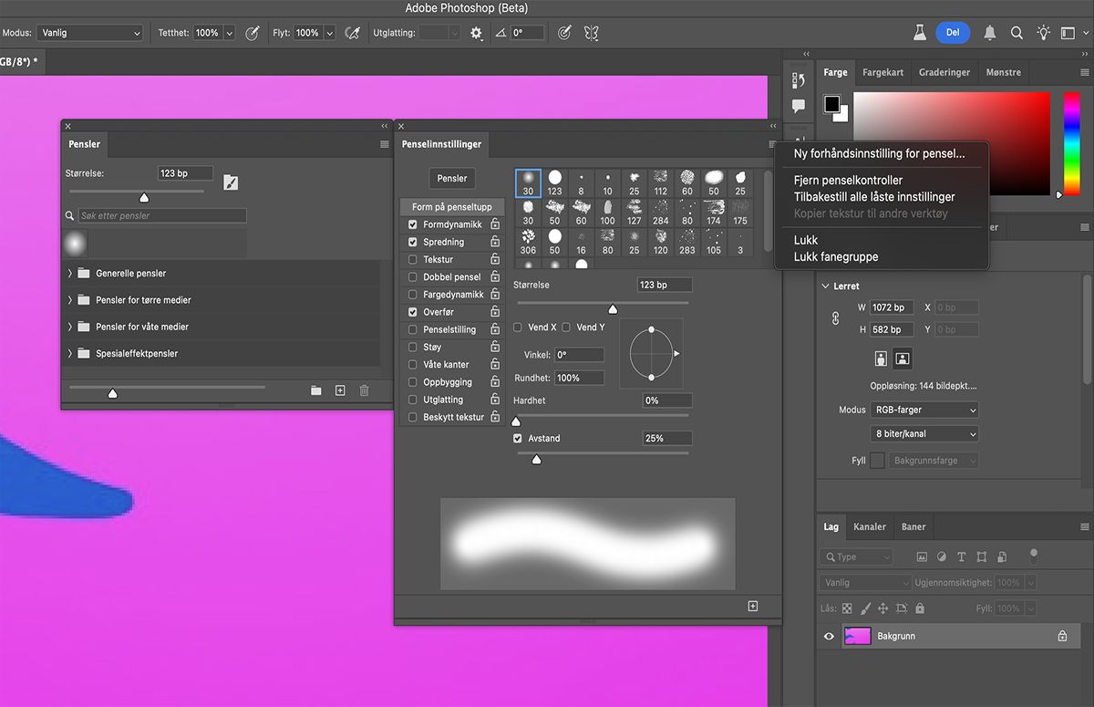 Velg Fjern penselkontroller på Penselinnstillinger-menyen for å fjerne penselalternativer
