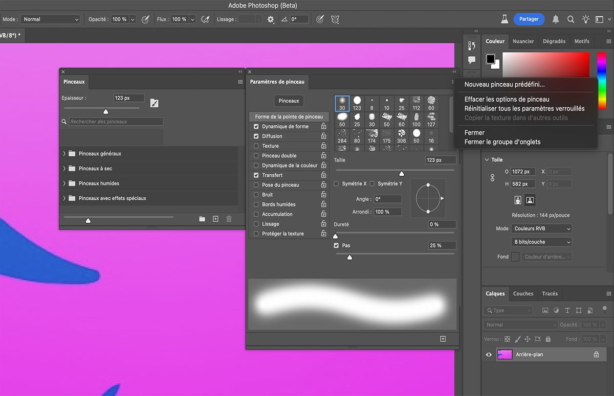Dans le menu Paramètres de pinceau, sélectionnez Effacer les options de pinceau pour effacer les options de pinceau.
