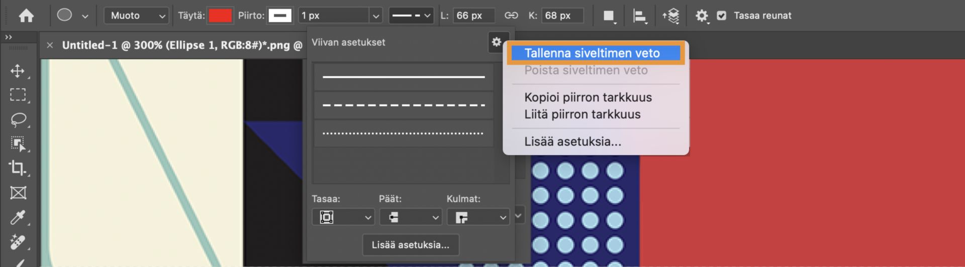 Siveltimen vetoasetusten tallentaminen Photoshopissa 