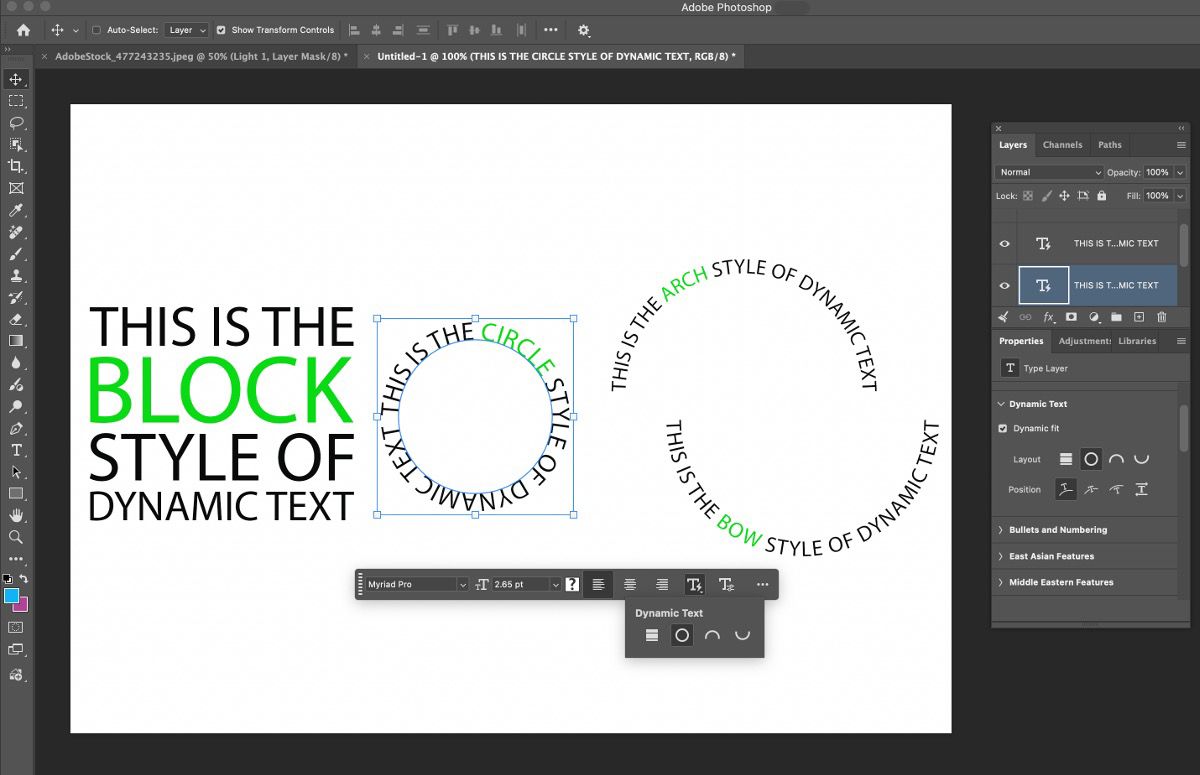 Photoshop-lærred, der viser dynamiske teksttypografier, herunder bloktekst og cirkulære og buede tekstlayout.