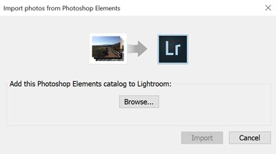Okno dialogowe Importuj katalog Photoshop Elements w programie Lightroom Classic CC