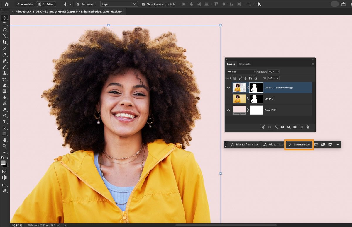Enhance edge highlighted in the mask refinement options in the Contextual Task Bar.