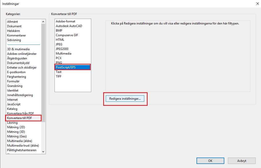Inställningar för postskript till PDF-konvertering