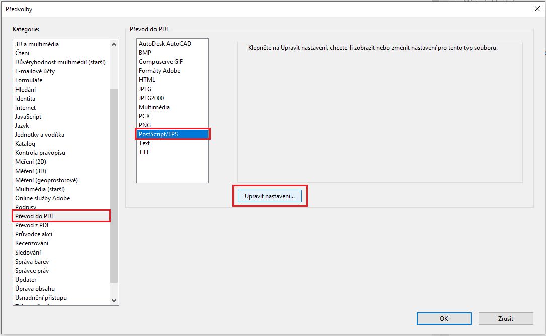 Předvolba převodu písma PostScript do souboru PDF