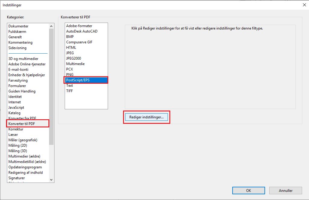 Indstilling for konvertering af Postscript til PDF