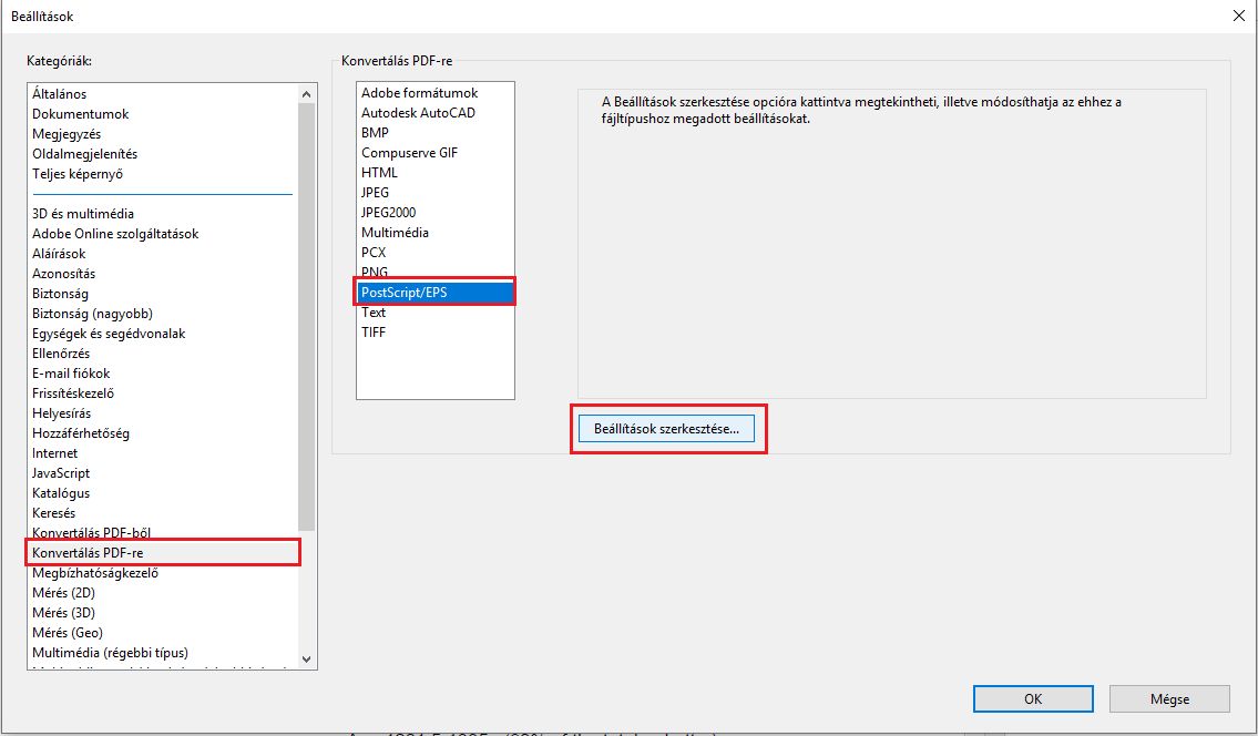 PostScript PDF-fájllá való átalakításának beállításai