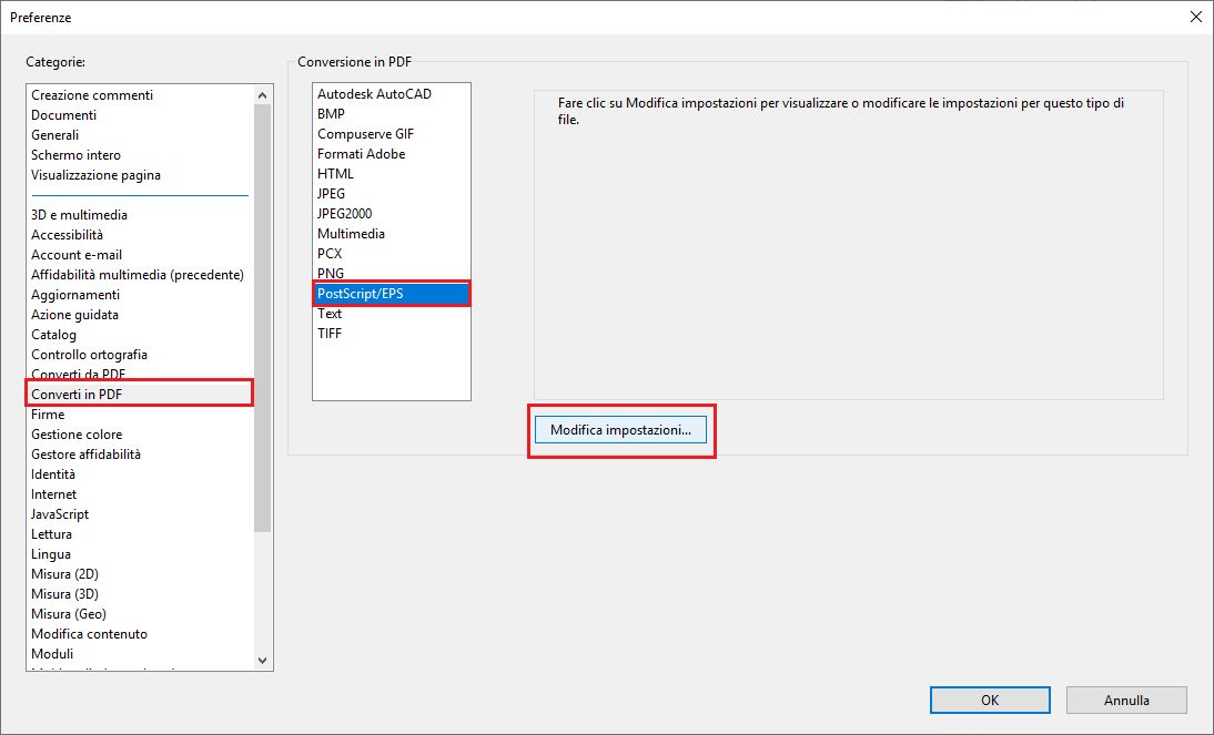 Preferenza di conversione da Postscript a PDF