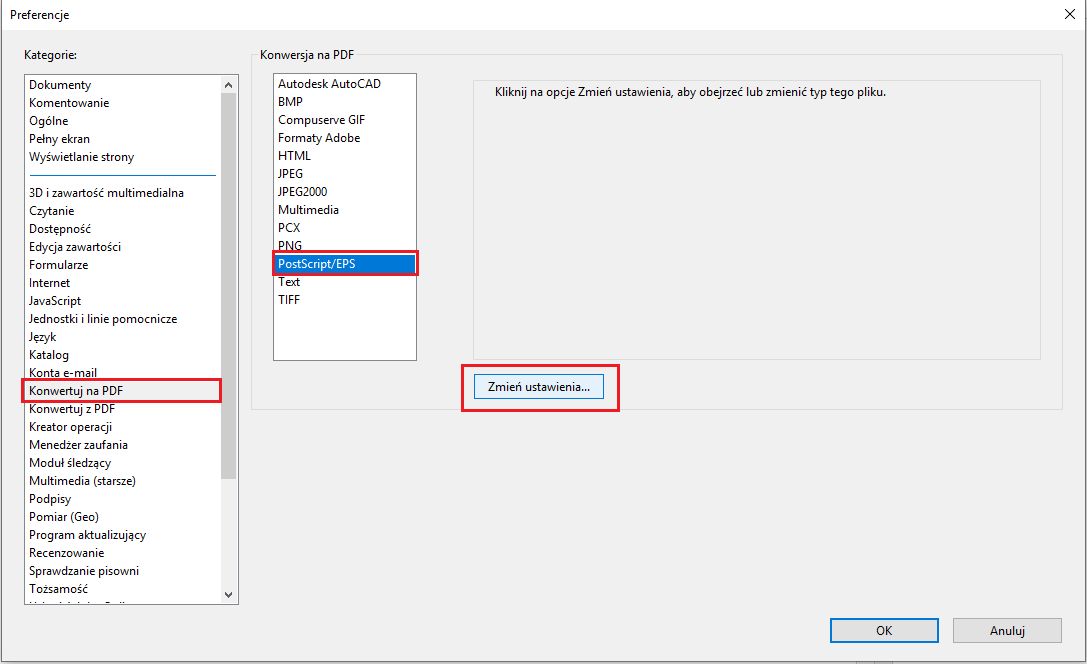 Preferencje konwersji plików Postscript do PDF