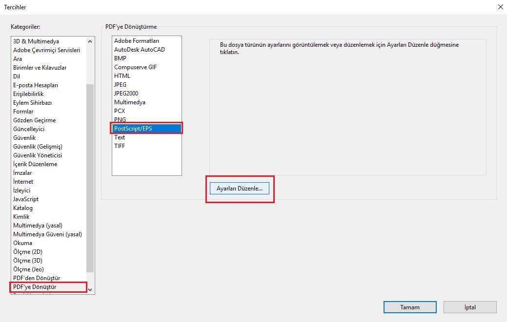 Postscript - PDF dönüştürme tercihi
