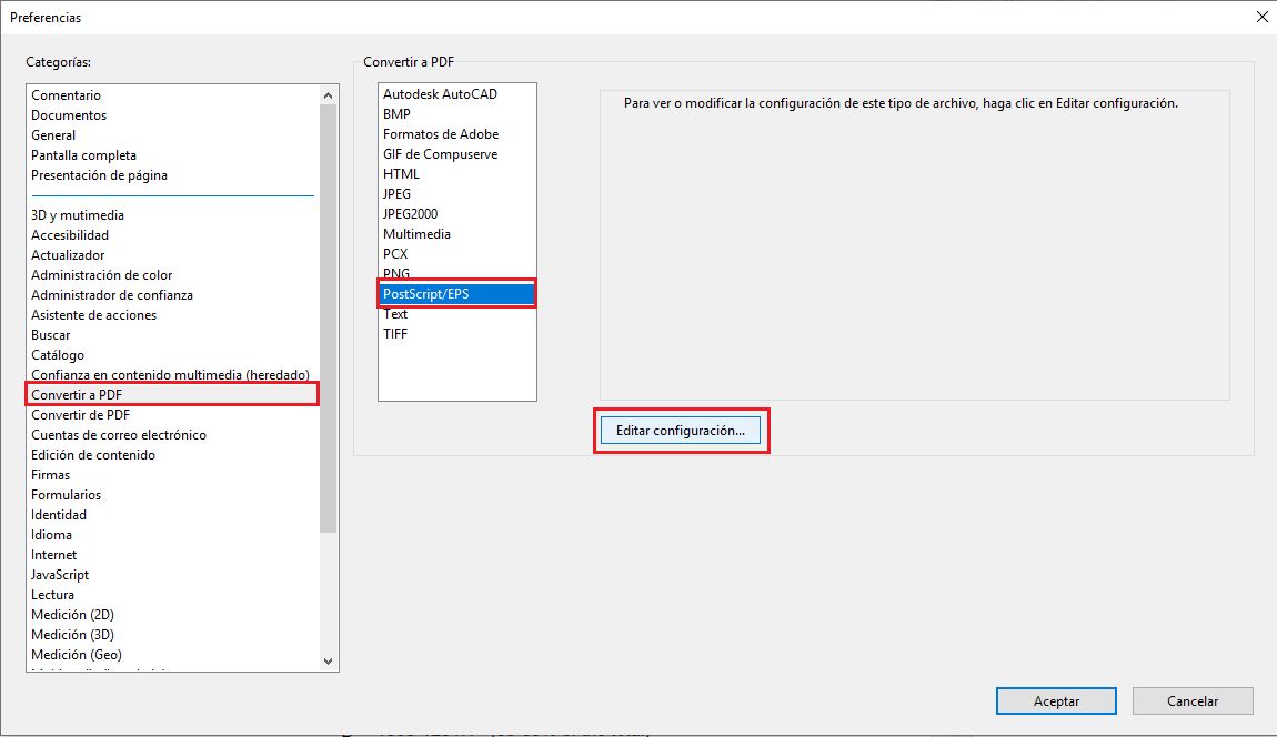 Preferencia de conversión de PostScript a PDF