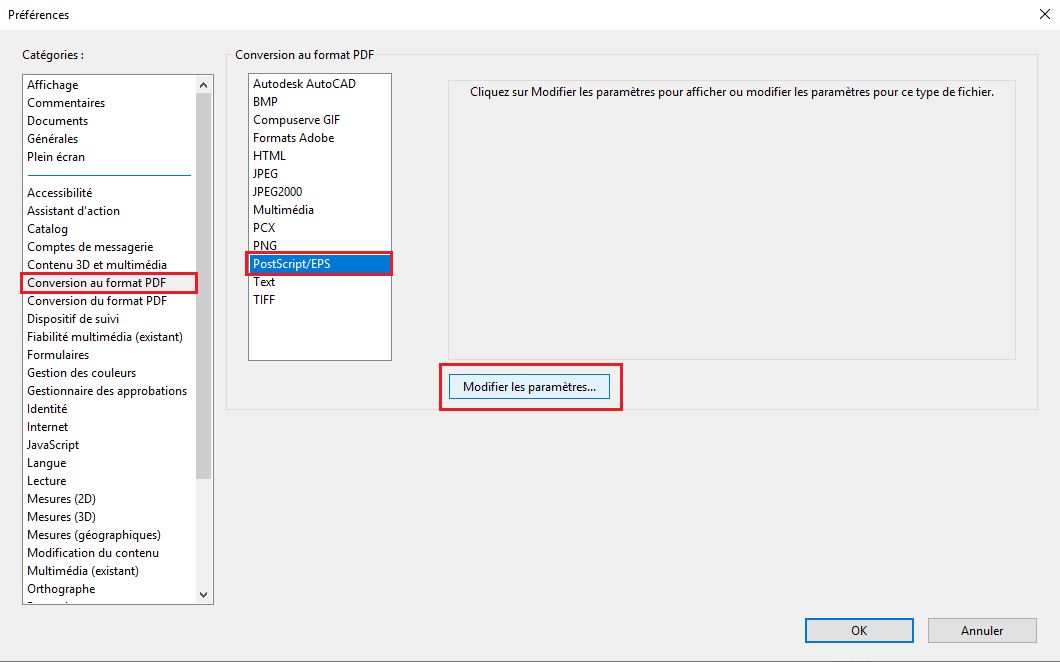 Préférence de conversion du format Postscript au format PDF