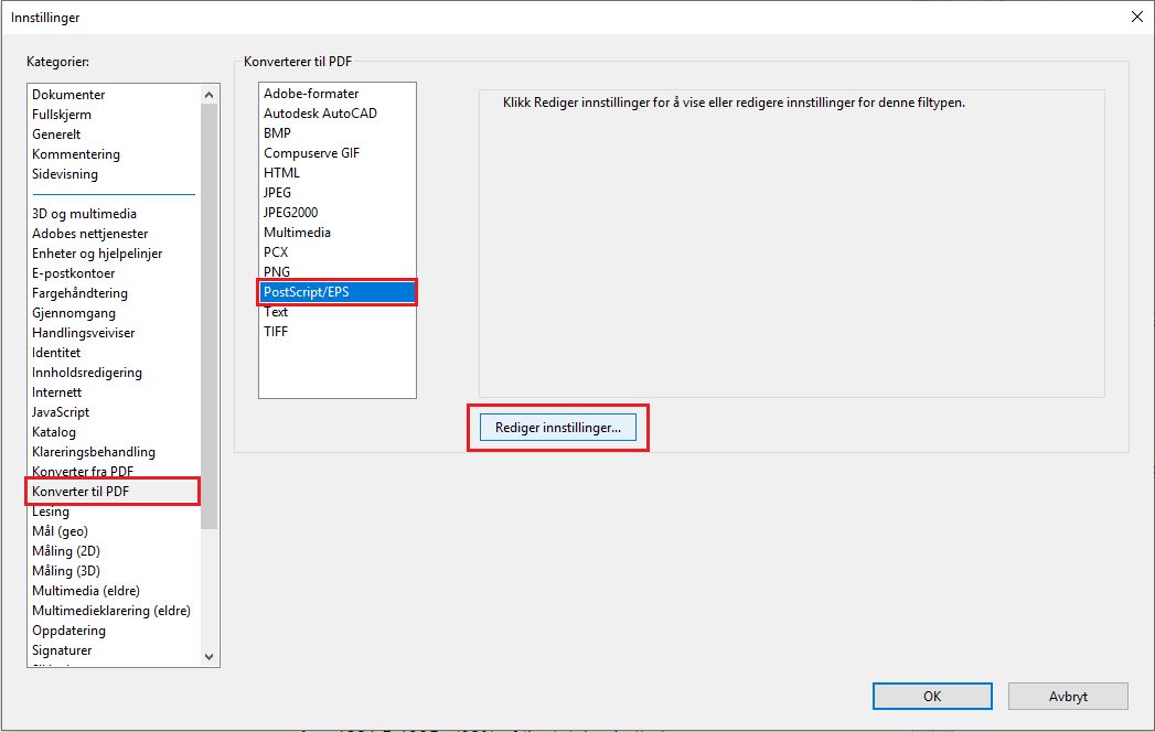 Innstillinger for Postscript til PDF-konvertering