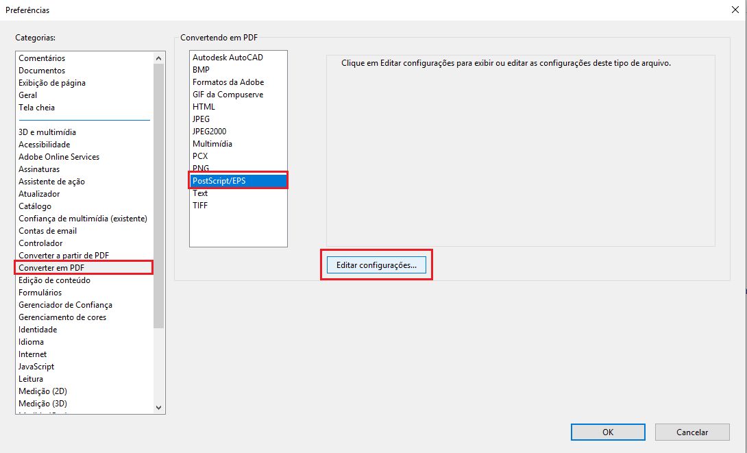 Preferência de conversão de postscript em PDF