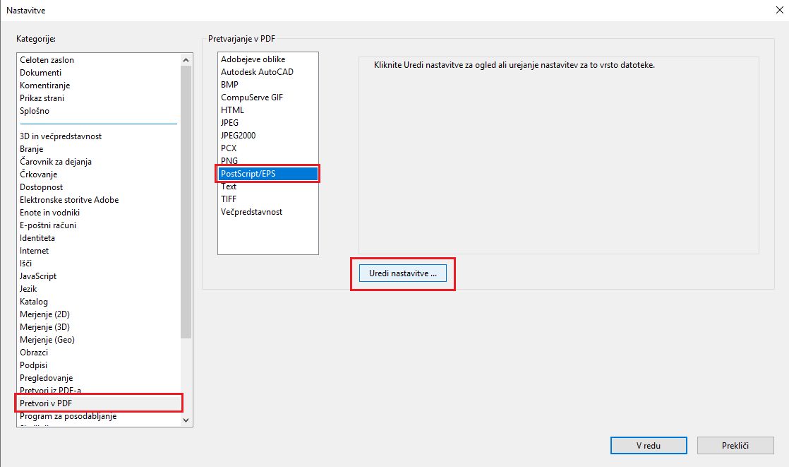 Prednostne nastavitve pretvorbe Postscript v PDF