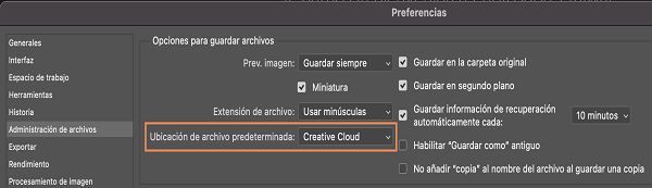 Preferencias de ubicación de archivos en Photoshop