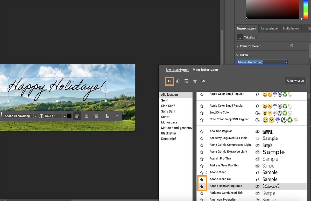 Lettertypen filteren vanuit de lettertypebrowser in Photoshop