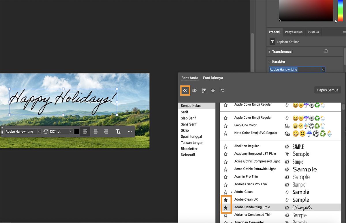 Filter font dari browser Font di Photoshop