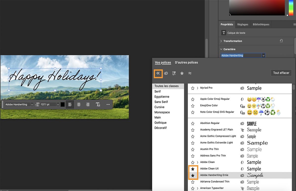 Filtrage des polices depuis le navigateur de polices dans Photoshop